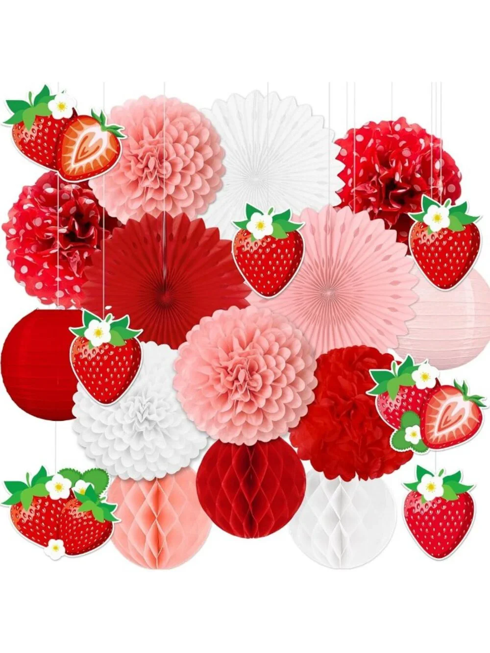 26pcs Strawberry Birthday Party Decor - Red Pink White Fans & Tissue Pom Poms